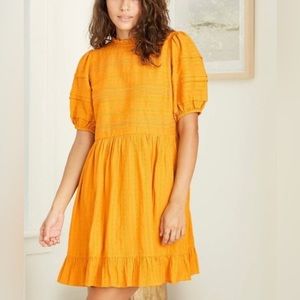 Babydoll Prairie Dress. Embroidered Detailing Petticoat Lining. Yellow. Small